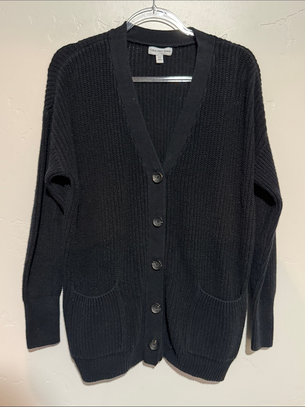 Calvin Klein Black Ribbed Button-Front Cardigan